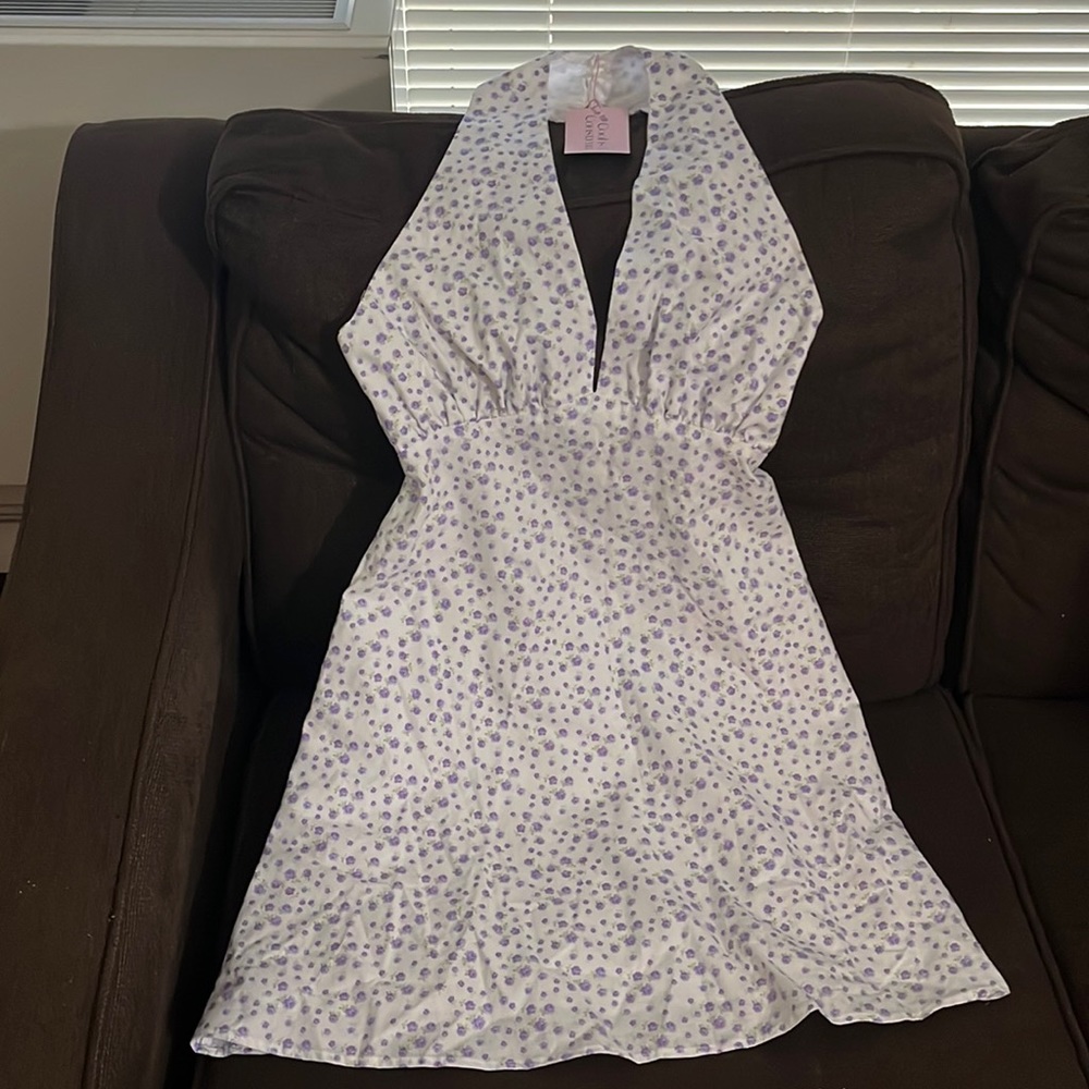 Summer dress lined, white with lilac flowers. Bareback